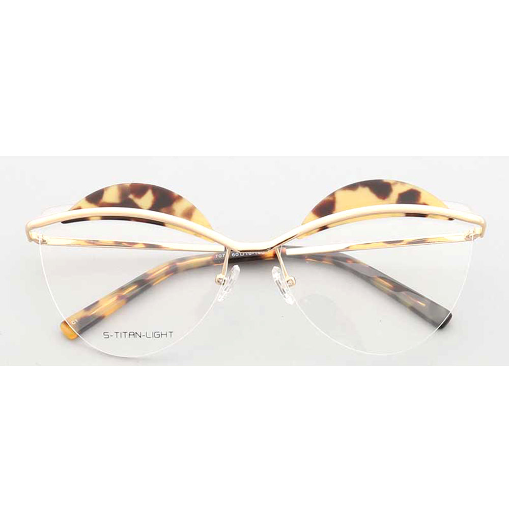 Crystal | Semi Rimless Metal Cat Eye Glasses For Women | Half Rim Frame w/ Patterned Brow Design