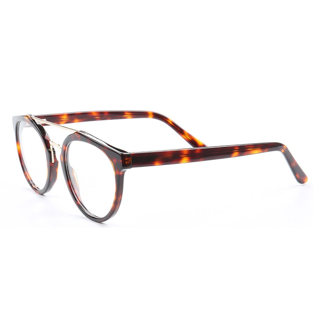 Quincy | Double Bridge Acetate Glasses w/ Tortoise Shell Temples | Retro Round Flat Top Frame