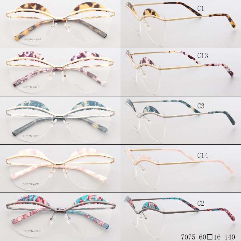Crystal | Semi Rimless Metal Cat Eye Glasses For Women | Half Rim Frame w/ Patterned Brow Design