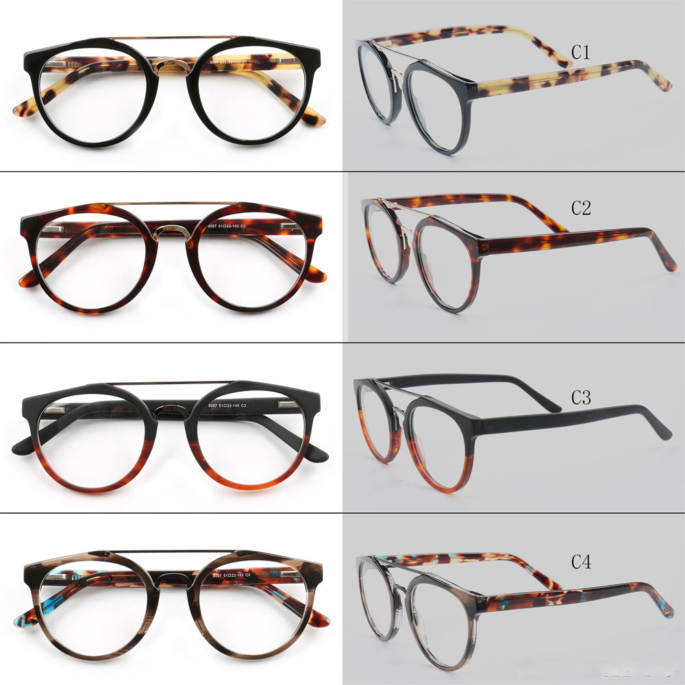 Quincy | Double Bridge Acetate Glasses w/ Tortoise Shell Temples | Retro Round Flat Top Frame