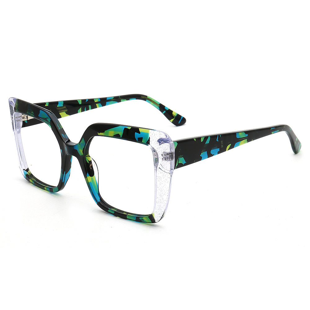 Sophia | Modern Women Oversize Square Eyeglasses Frames | Two Tone Stylish Green Tortoise Spectacles for Women