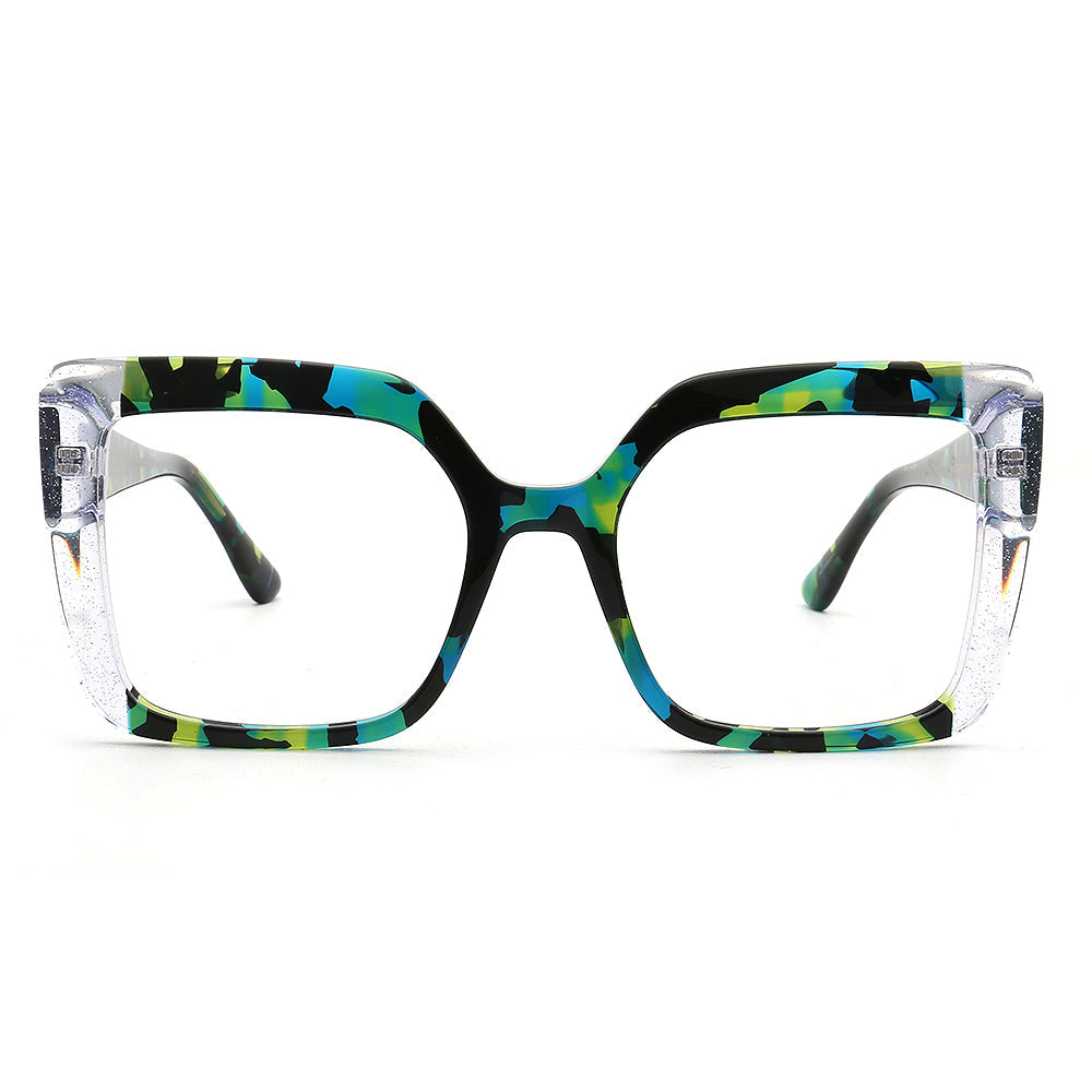 Sophia | Modern Women Oversize Square Eyeglasses Frames | Two Tone Stylish Green Tortoise Spectacles for Women