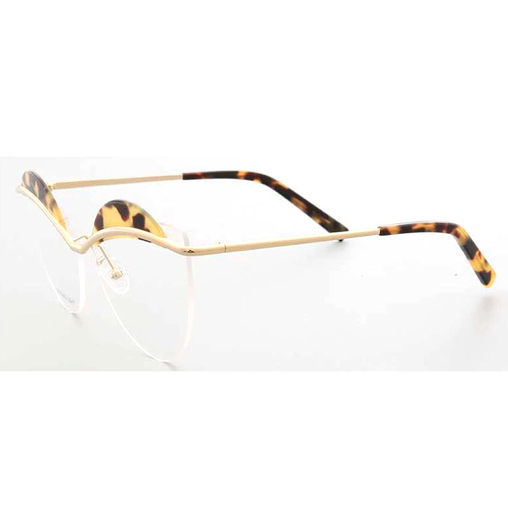 Crystal | Semi Rimless Metal Cat Eye Glasses For Women | Half Rim Frame w/ Patterned Brow Design