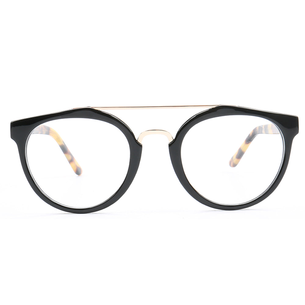 Quincy | Double Bridge Acetate Glasses w/ Tortoise Shell Temples | Retro Round Flat Top Frame