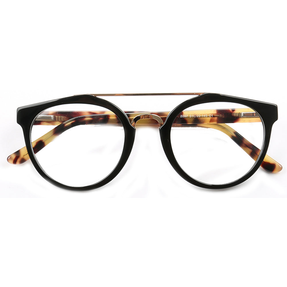 Quincy | Double Bridge Acetate Glasses w/ Tortoise Shell Temples | Retro Round Flat Top Frame