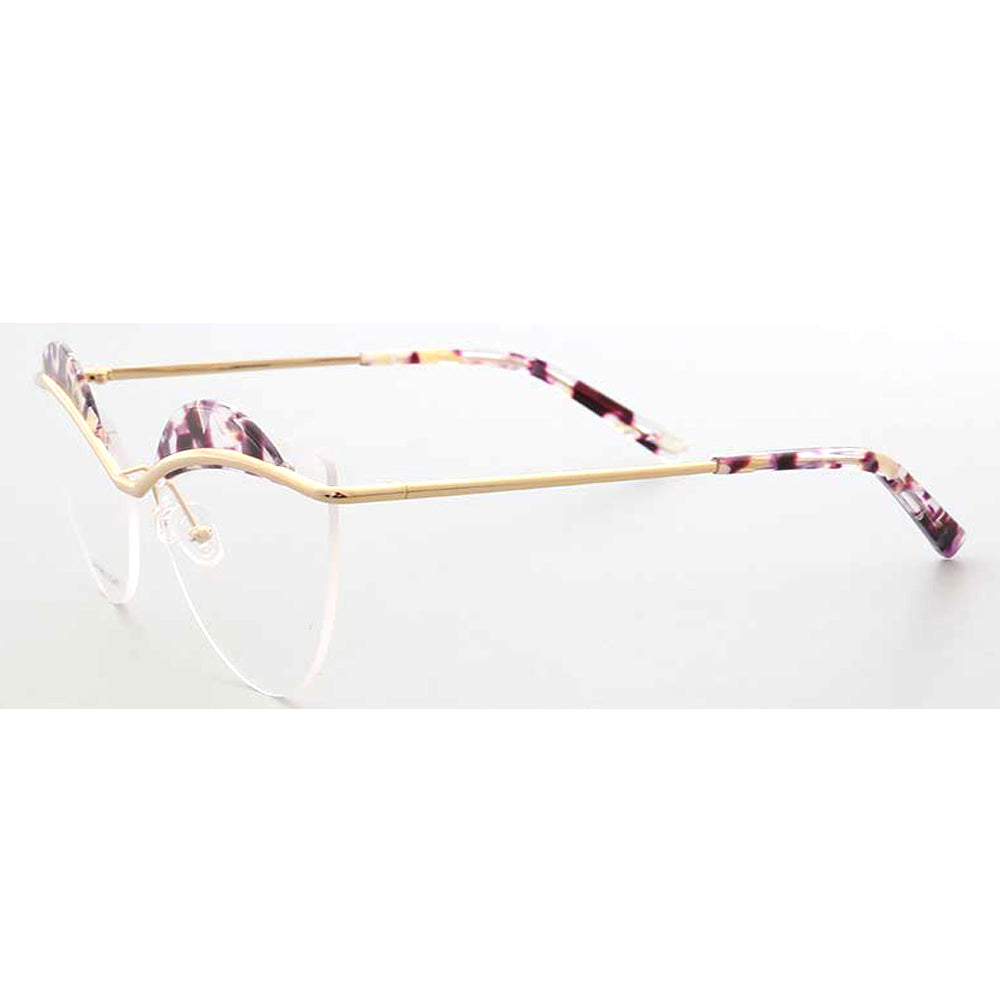 Crystal | Semi Rimless Metal Cat Eye Glasses For Women | Half Rim Frame w/ Patterned Brow Design