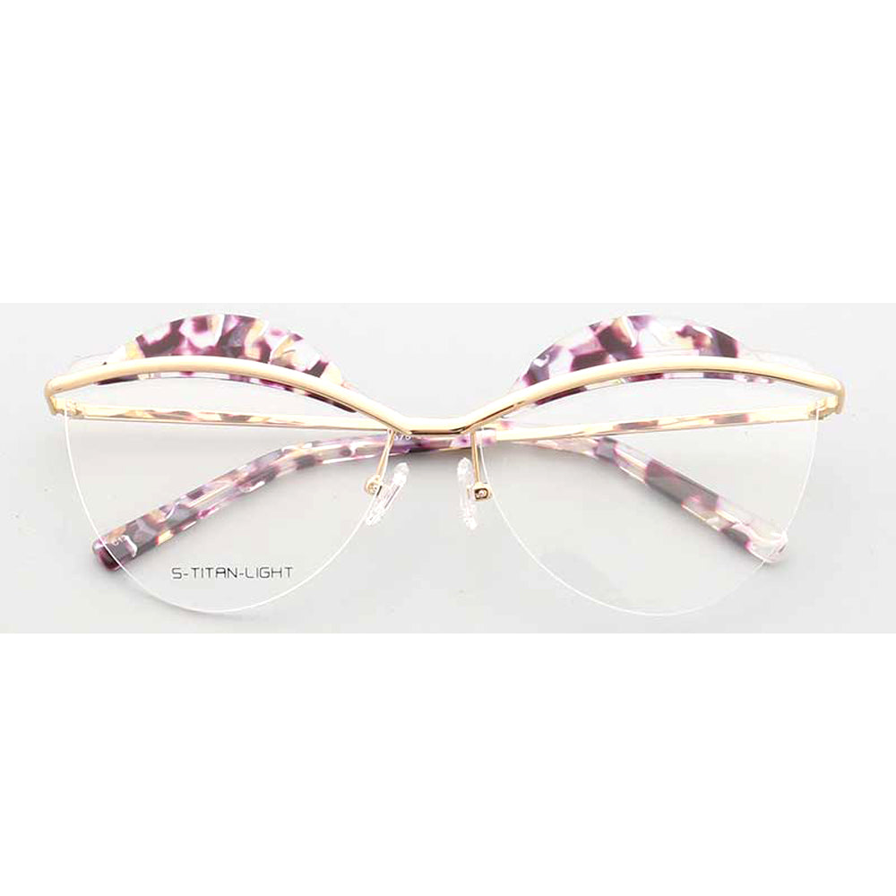 Crystal | Semi Rimless Metal Cat Eye Glasses For Women | Half Rim Frame w/ Patterned Brow Design