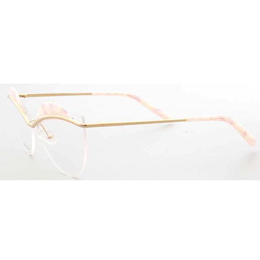 Crystal | Semi Rimless Metal Cat Eye Glasses For Women | Half Rim Frame w/ Patterned Brow Design