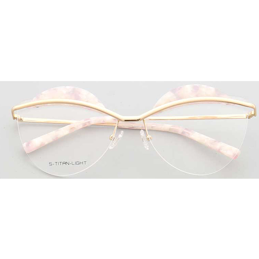 Crystal | Semi Rimless Metal Cat Eye Glasses For Women | Half Rim Frame w/ Patterned Brow Design