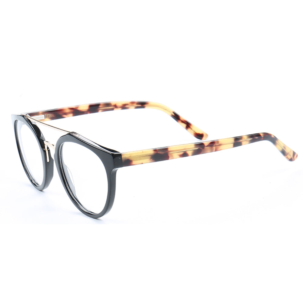 Quincy | Double Bridge Acetate Glasses w/ Tortoise Shell Temples | Retro Round Flat Top Frame