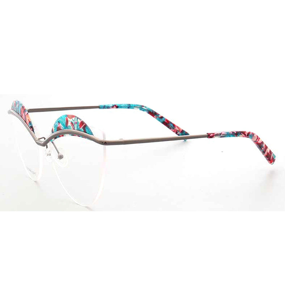 Crystal | Semi Rimless Metal Cat Eye Glasses For Women | Half Rim Frame w/ Patterned Brow Design