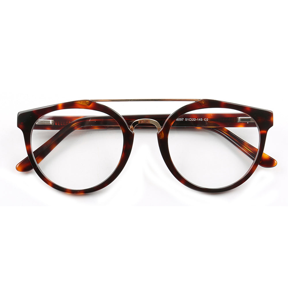 Quincy | Double Bridge Acetate Glasses w/ Tortoise Shell Temples | Retro Round Flat Top Frame