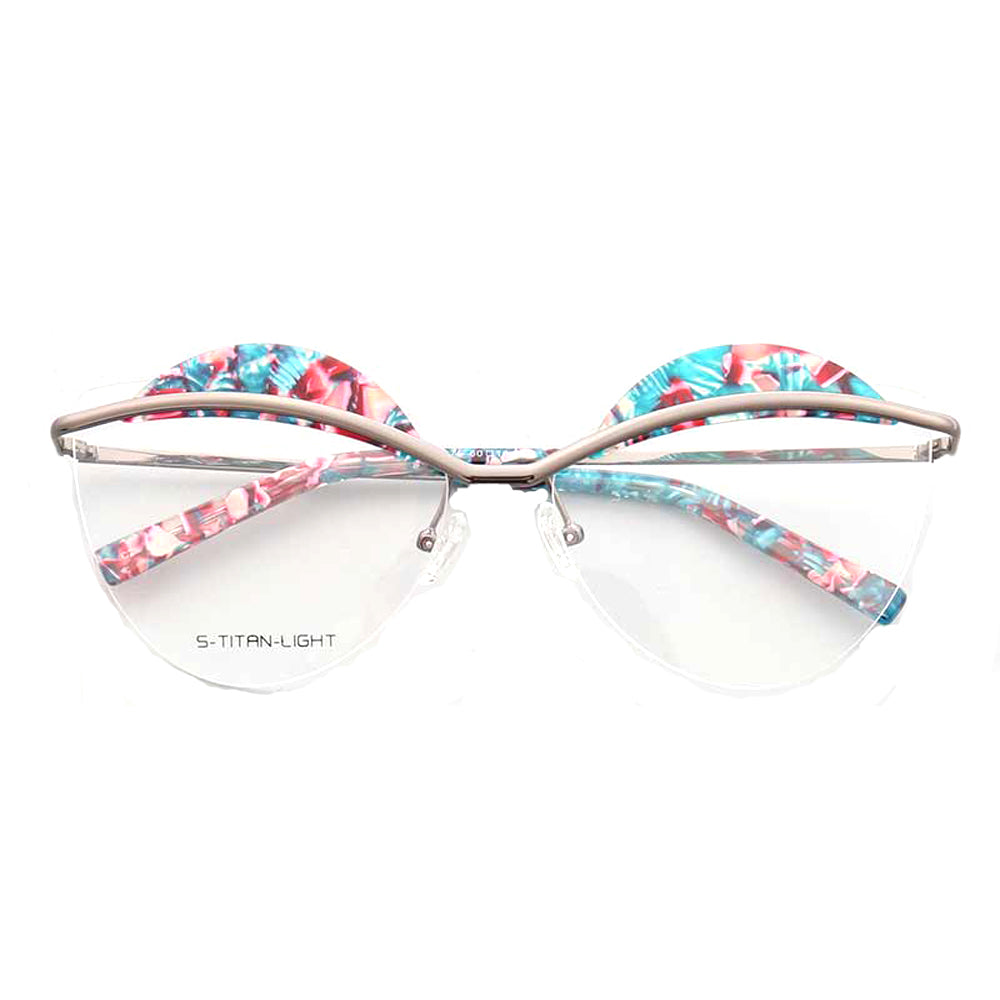 Crystal | Semi Rimless Metal Cat Eye Glasses For Women | Half Rim Frame w/ Patterned Brow Design