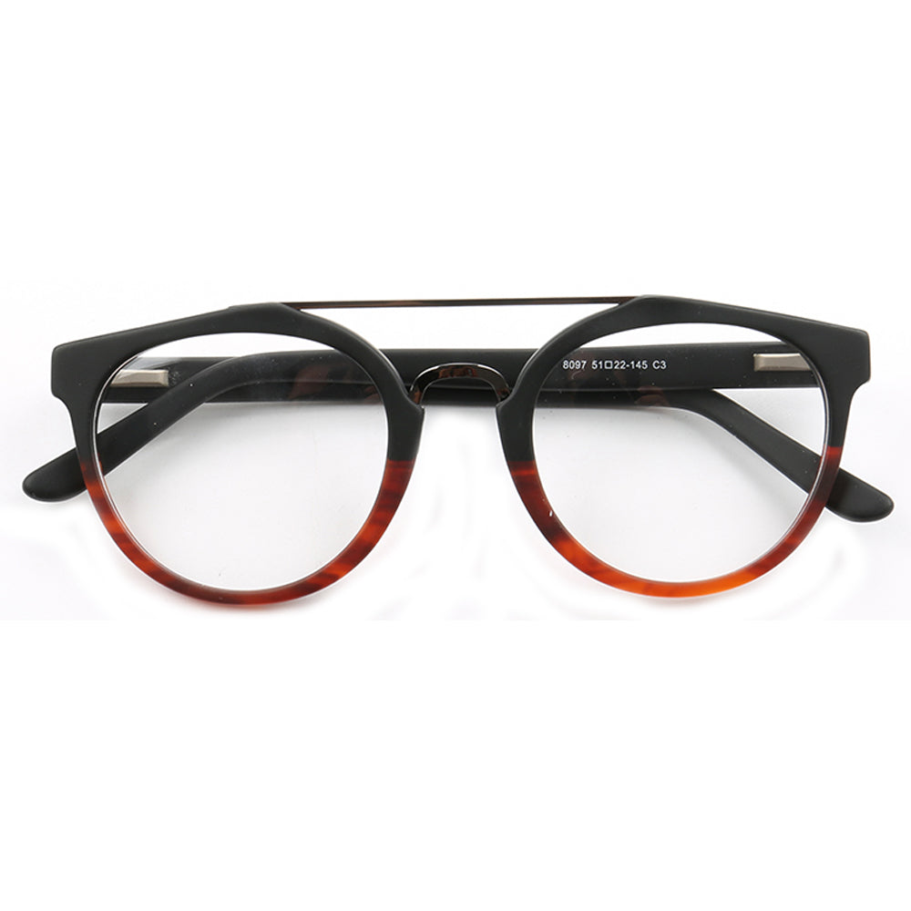 Quincy | Double Bridge Acetate Glasses w/ Tortoise Shell Temples | Retro Round Flat Top Frame