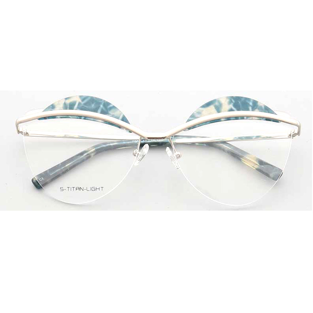 Crystal | Semi Rimless Metal Cat Eye Glasses For Women | Half Rim Frame w/ Patterned Brow Design
