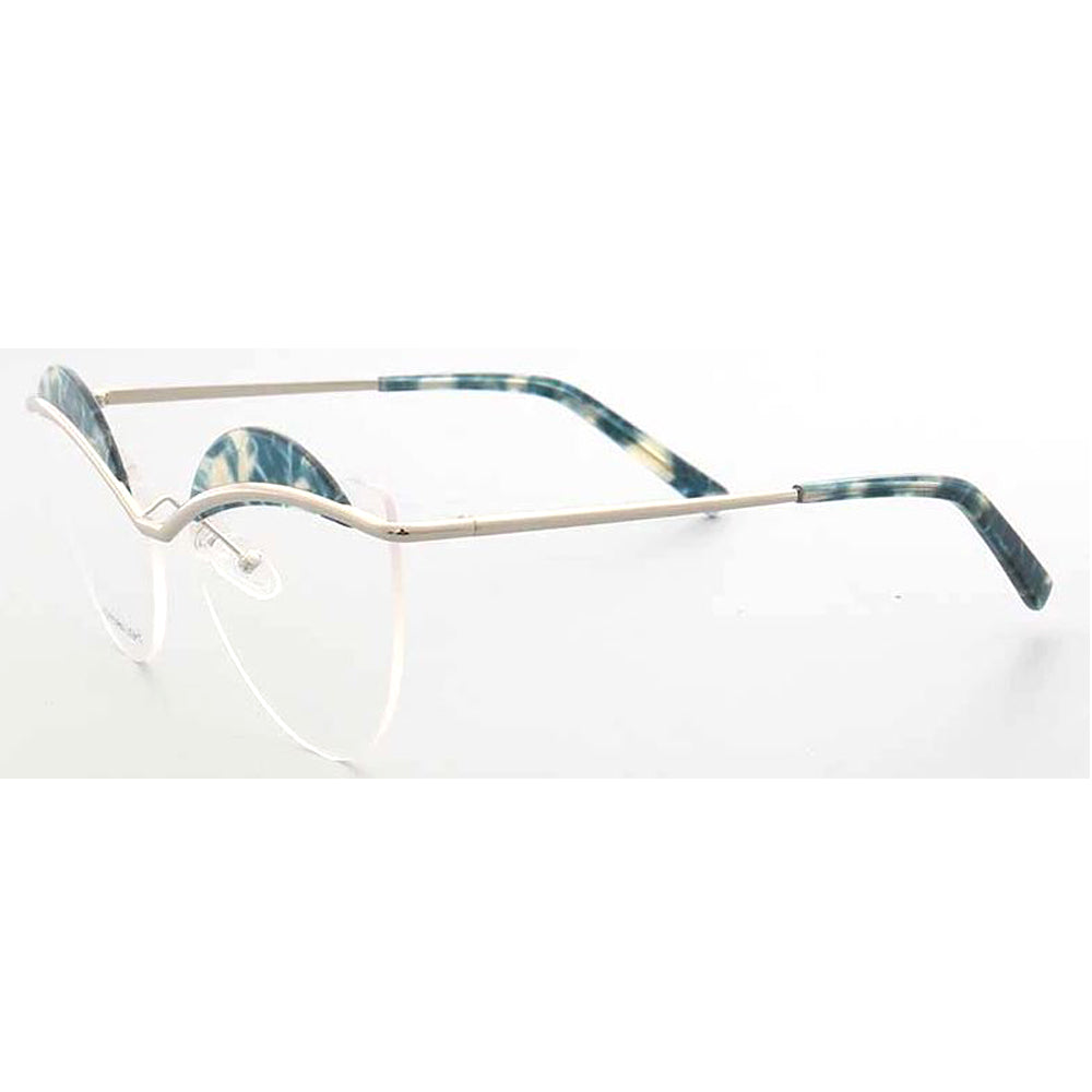Crystal | Semi Rimless Metal Cat Eye Glasses For Women | Half Rim Frame w/ Patterned Brow Design