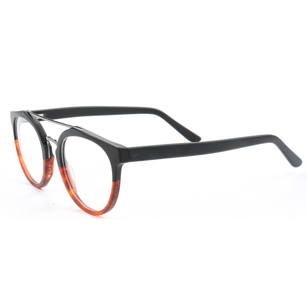 Quincy | Double Bridge Acetate Glasses w/ Tortoise Shell Temples | Retro Round Flat Top Frame