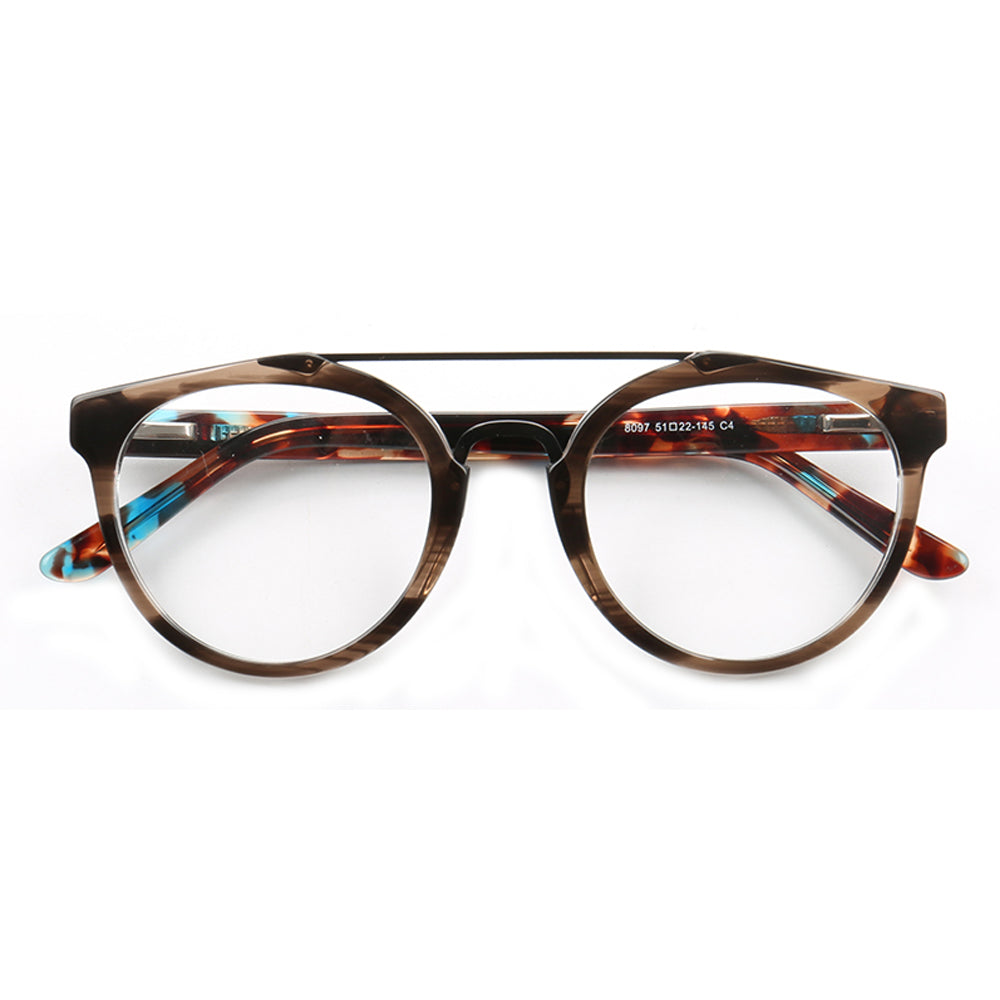 Quincy | Double Bridge Acetate Glasses w/ Tortoise Shell Temples | Retro Round Flat Top Frame