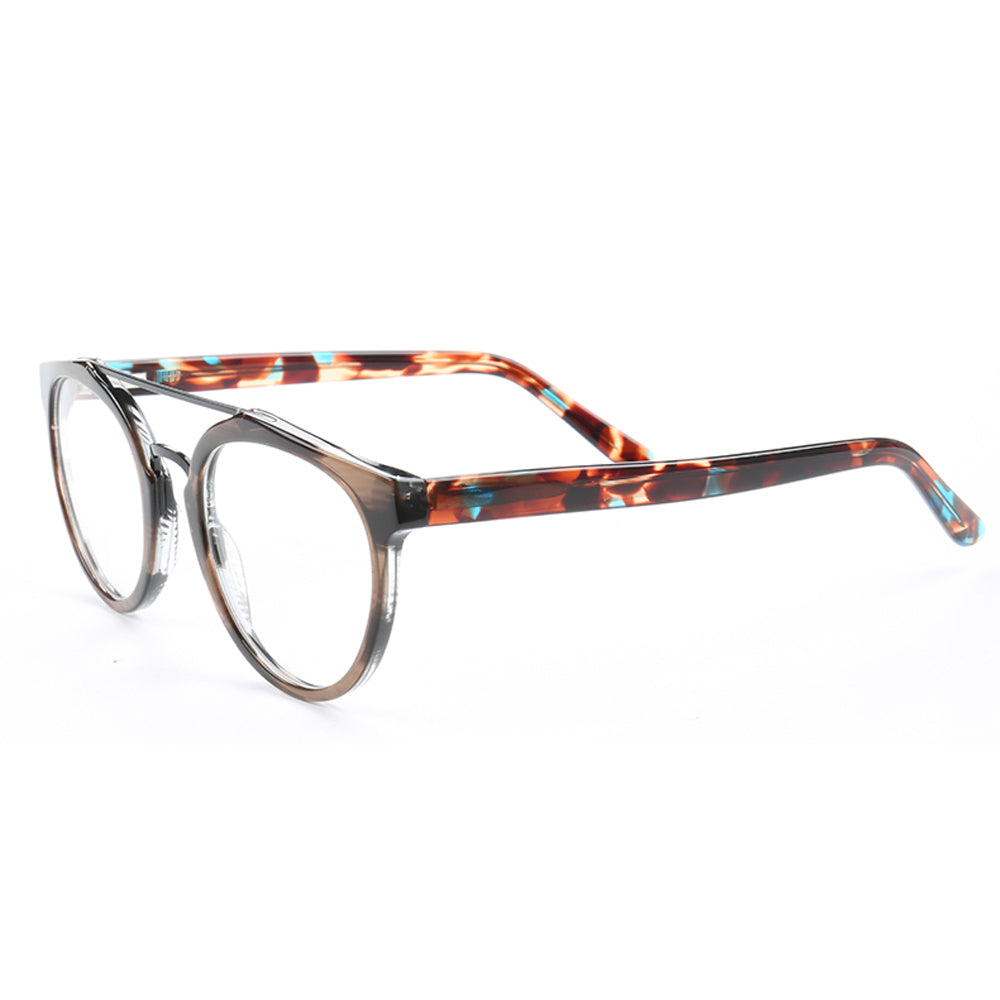 Quincy | Double Bridge Acetate Glasses w/ Tortoise Shell Temples | Retro Round Flat Top Frame