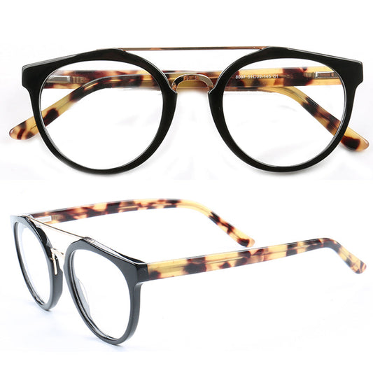 Quincy | Double Bridge Acetate Glasses w/ Tortoise Shell Temples | Retro Round Flat Top Frame