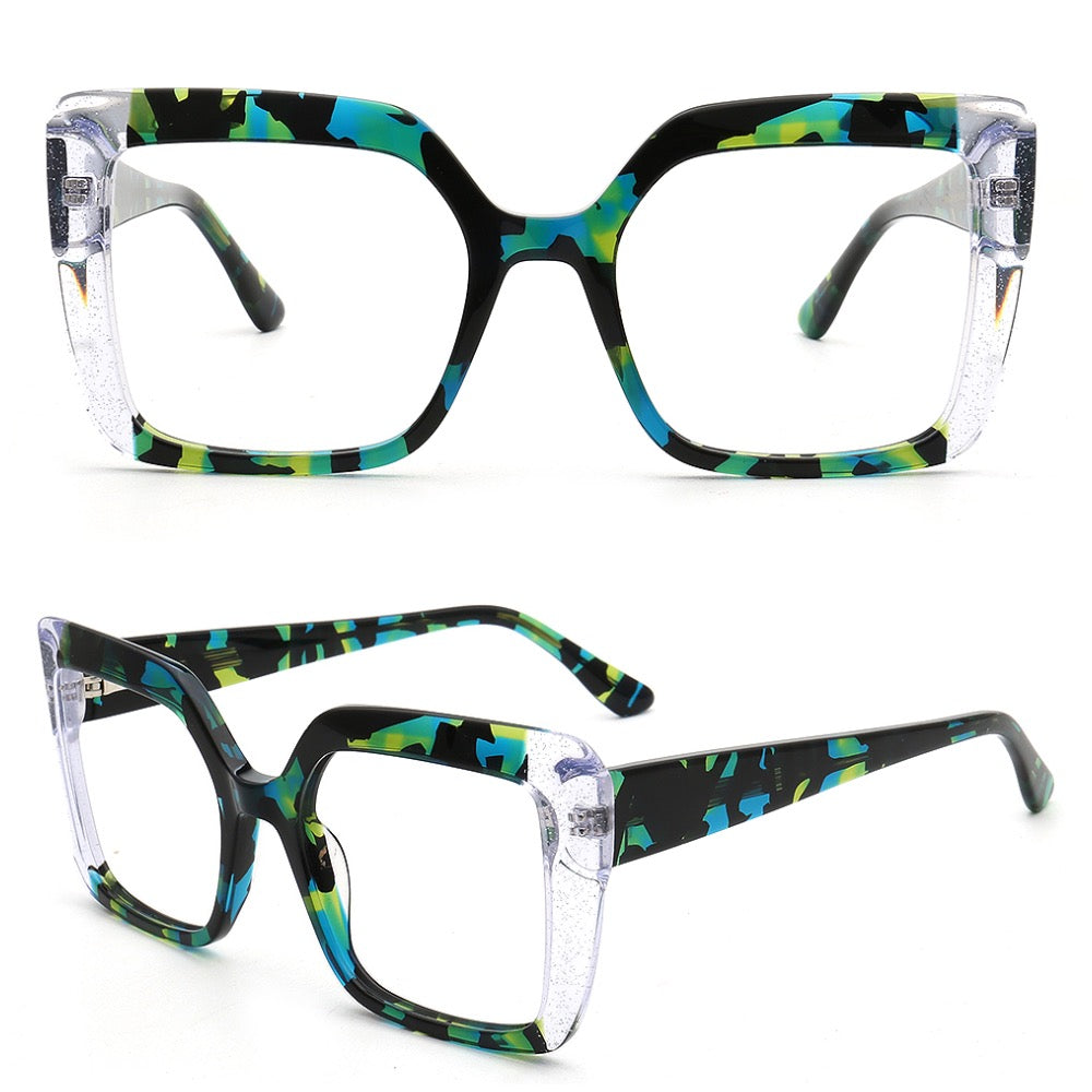 Sophia | Modern Women Oversize Square Eyeglasses Frames | Two Tone Stylish Green Tortoise Spectacles for Women