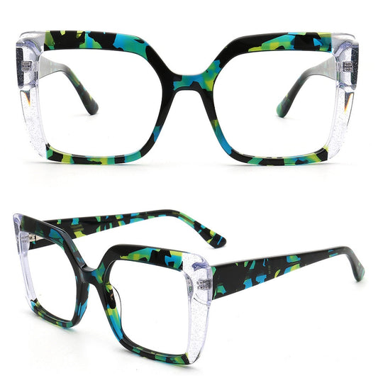Sophia | Modern Women Oversize Square Eyeglasses Frames | Two Tone Stylish Green Tortoise Spectacles for Women