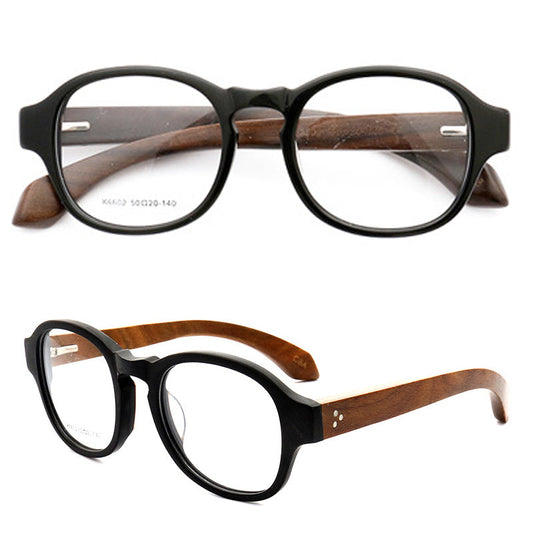 Wendell | Classic Round Full Rim Eyeglass Frames | Acetate Frame w/ Wooden Temples