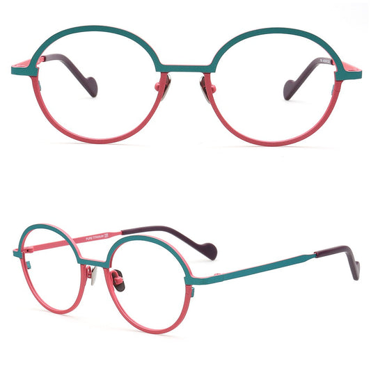 Rowan | Stylish Round Red Women Titanium Eyeglasses | Retro Two Tone Green Men Glasses Frames