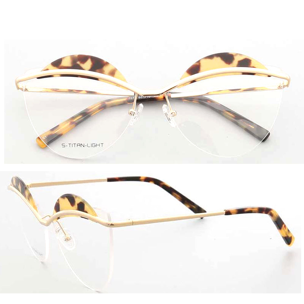 Crystal | Semi Rimless Metal Cat Eye Glasses For Women | Half Rim Frame w/ Patterned Brow Design