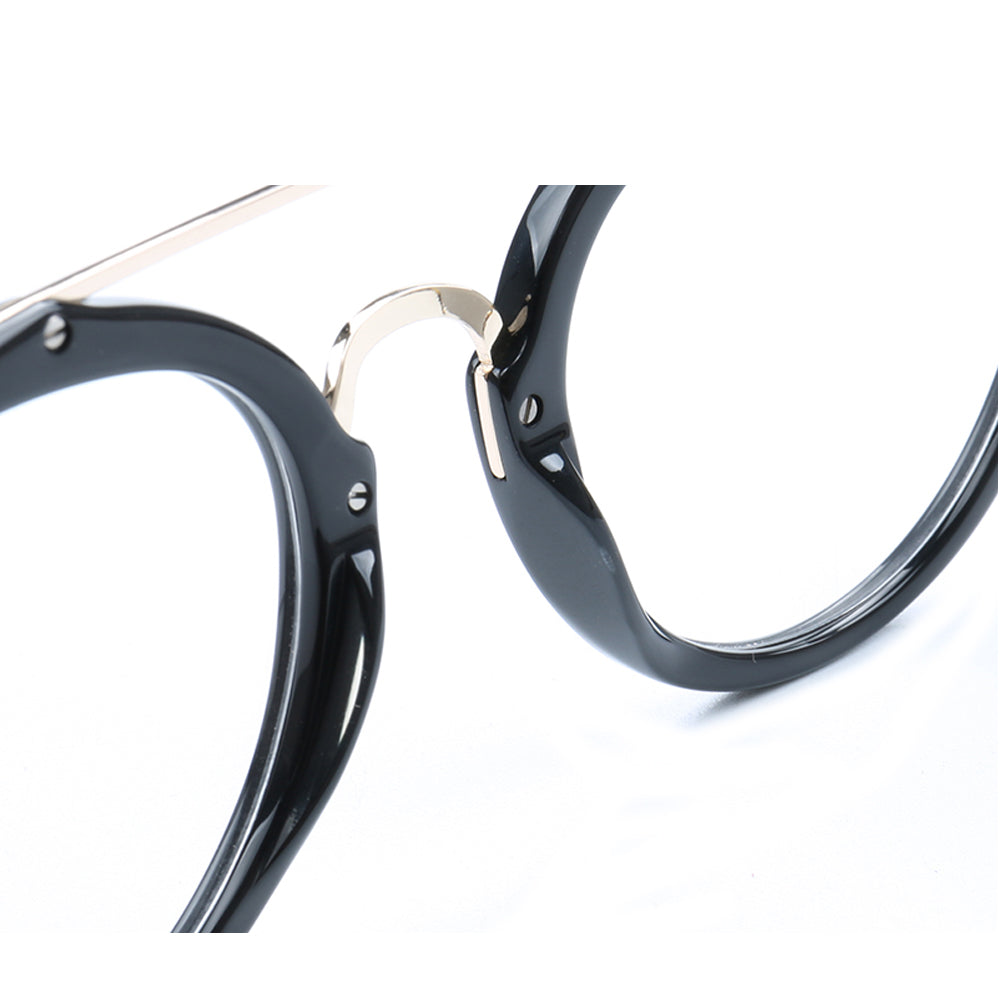 Quincy | Double Bridge Acetate Glasses w/ Tortoise Shell Temples | Retro Round Flat Top Frame