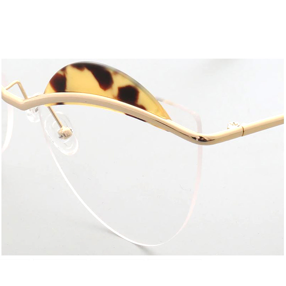 Crystal | Semi Rimless Metal Cat Eye Glasses For Women | Half Rim Frame w/ Patterned Brow Design
