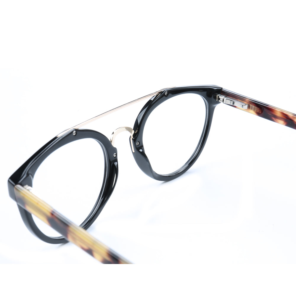 Quincy | Double Bridge Acetate Glasses w/ Tortoise Shell Temples | Retro Round Flat Top Frame